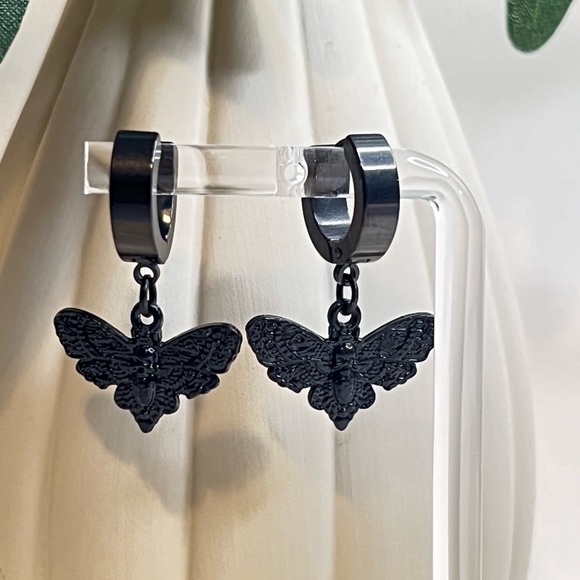 Dainty Goth Hoop Earrings,  Moon, Moth and Star Hoop Set, Edgy all Black Hoops - Picture 4 of 14